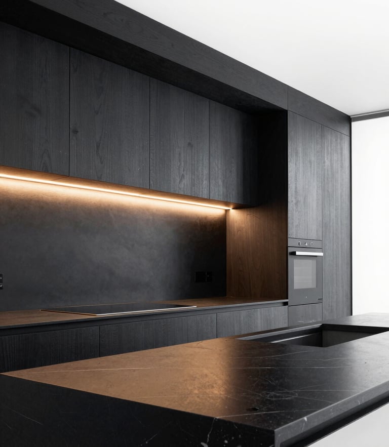 Sleek modern kitchen at twilight, linear LED profiles seamlessly embedded under dark oak cabinets, casting warm glare-free light onto a black marble countertop, architectural photography style.