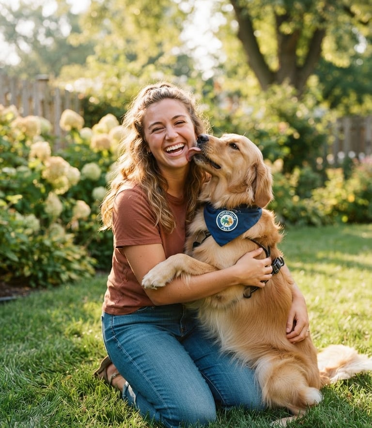 A cheerful volunteer smiling warmly while holding a happy golden retriever in a sun-drenched Indiana backyard, warm natural daylight, shallow depth of field.