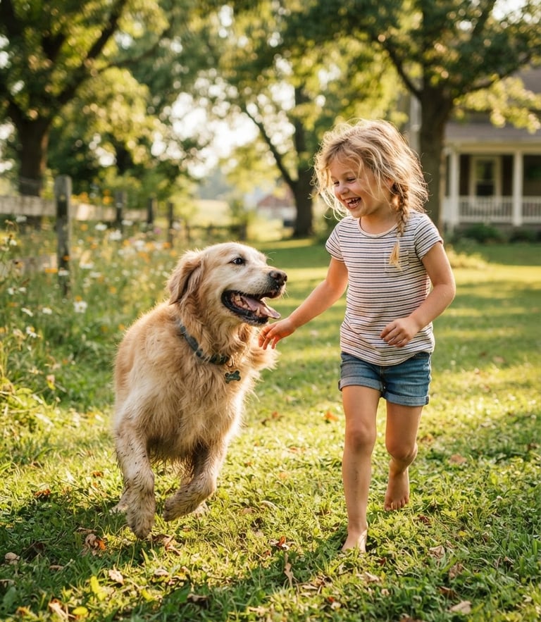 A joyful rescued golden retriever playing with a child on a sunlit lawn in Indiana, eye-level candid shot, soft natural daylight