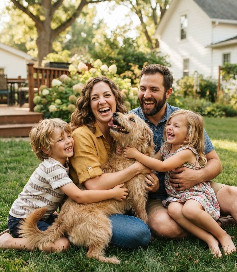 A joyful family laughing and hugging a fluffy rescued dog in a sunny Indiana backyard, bright natural daylight, warm editorial photography, shallow depth of field, candid human-animal interaction.