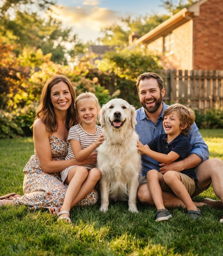 A happy cream-colored golden retriever sits proudly next to a smiling family in a sunny Indiana backyard, warm golden-hour light