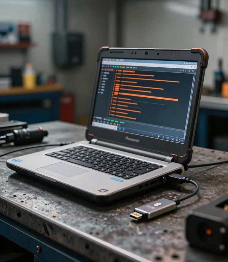 Tight macro shot of a rugged Panasonic Toughbook laptop sitting on a greasy metal workbench in a dark truck repair shop, displaying a diagnostic interface with orange data lines, a Nexiq USB Link 2 cable plugged into the side, cool workshop lighting.