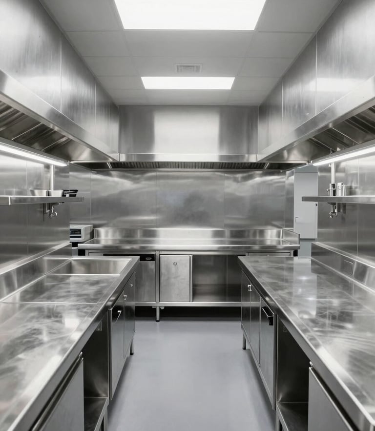 Symmetrical wide-angle architectural shot of an empty, sterile hospital kitchen with pristine brushed AISI 304 stainless steel counters, cold metallic lighting, high contrast