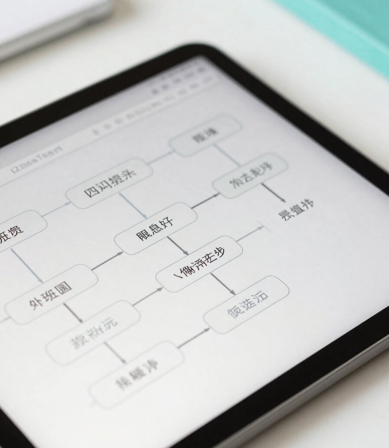 Close-up of clean, structured data flowcharts on a tablet screen, soft natural light, minimalist desk background.