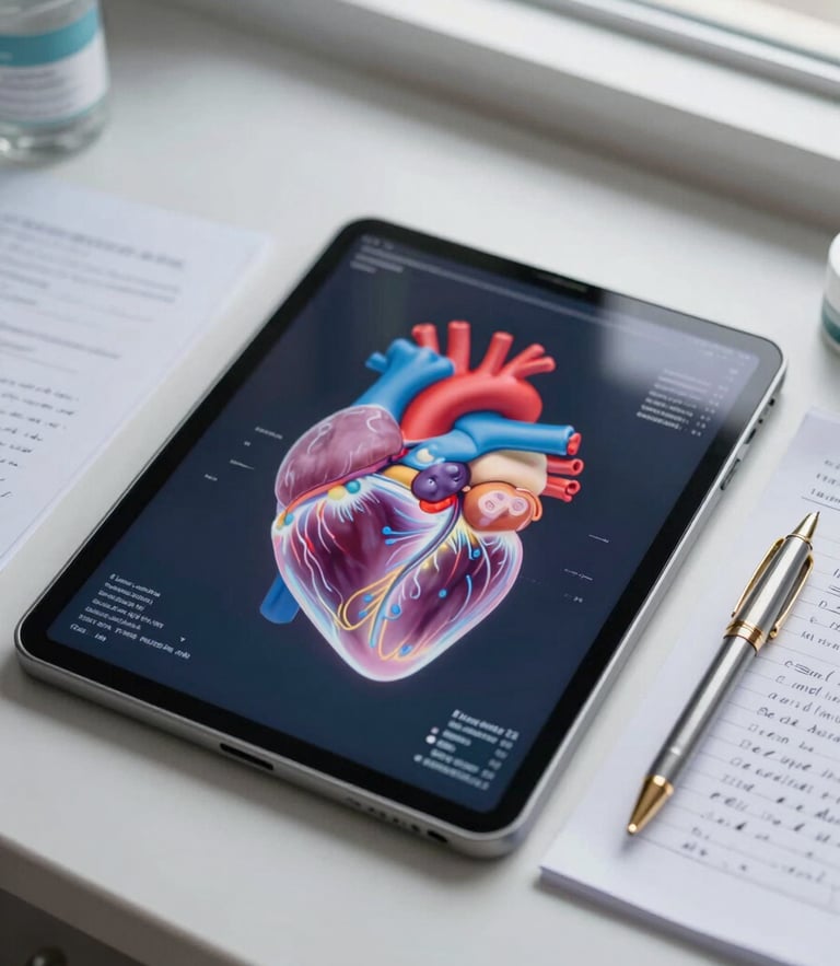 Macro overhead shot of a clean, beautifully organized medical study space. A tablet displays a glowing, color-coded anatomical diagram of the human heart, surrounded by handwritten notes and a gold-trimmed pen under soft, luminous window light.