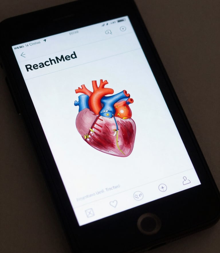 A clean, high-contrast mockup of the ReachMed exam interface showing a biology active recall quiz with a colorful heart diagram