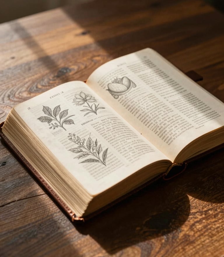 A vintage leather-bound Bible open on a dark oak table, warm golden light streaming from the side, illuminating detailed botanical and anatomical sketches on the opposite page.