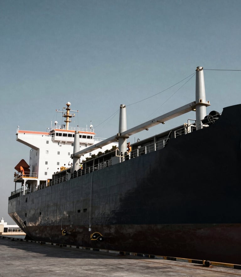 Wide-angle dramatic industrial photography of a massive cargo vessel docked at a Dubai terminal, harsh natural daylight, deep slate and steel tones, high contrast, 35mm.