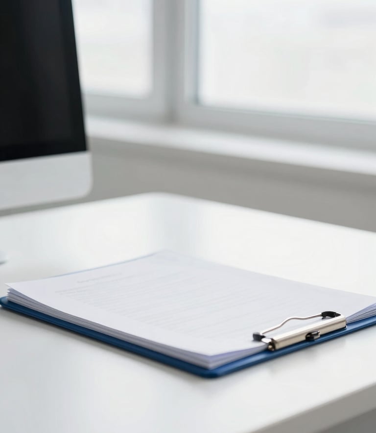 A clean clinical consultation desk with an open medical folder, soft overcast daylight through a window, shallow depth of field, professional and calm.