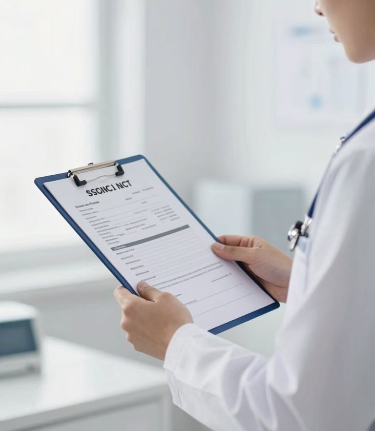Dignified individual in a daylight-filled room holding a medical record, soft overcast daylight, high-contrast clinical editorial style, 50mm lens