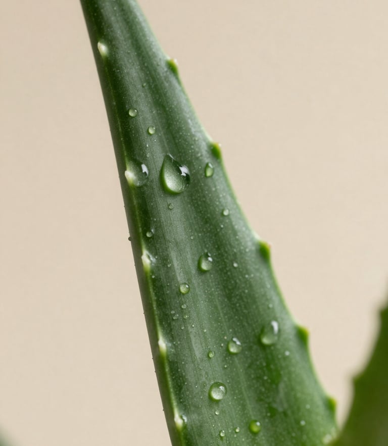 Macro detail of a single raw aloe vera leaf covered in morning dew drops, soft diffused morning light, minimalist studio backdrop, 35mm