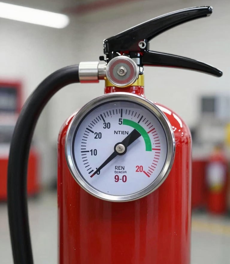 Close-up of a professional fire extinguisher pressure gauge showing the needle in the green safety zone, clean industrial workshop background, sharp focus, 35mm lens