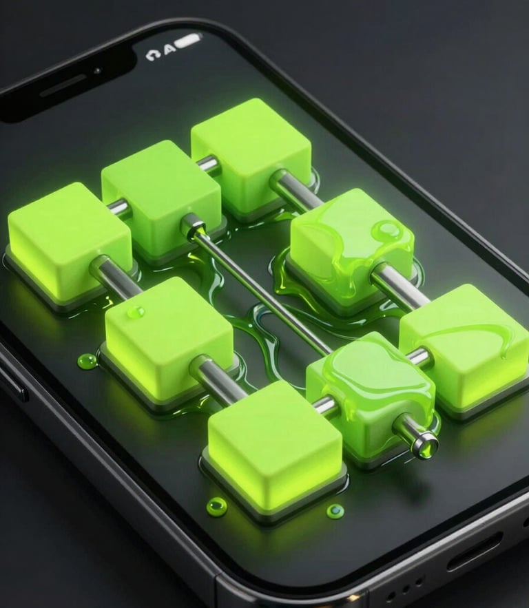 Isometric 3D render of a complex neon green fluid puzzle level on a dark mobile screen, showing liquid flowing through metallic channels under dramatic lighting.