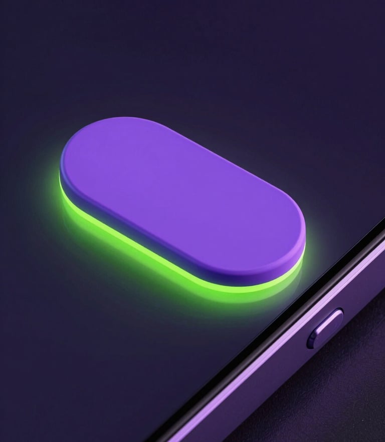 Extreme macro 3D render of a custom Android home screen widget. A fluid violet and neon green toggle slider is partially pressed, casting an intense OLED glow onto a dark, matte-textured phone bezel.