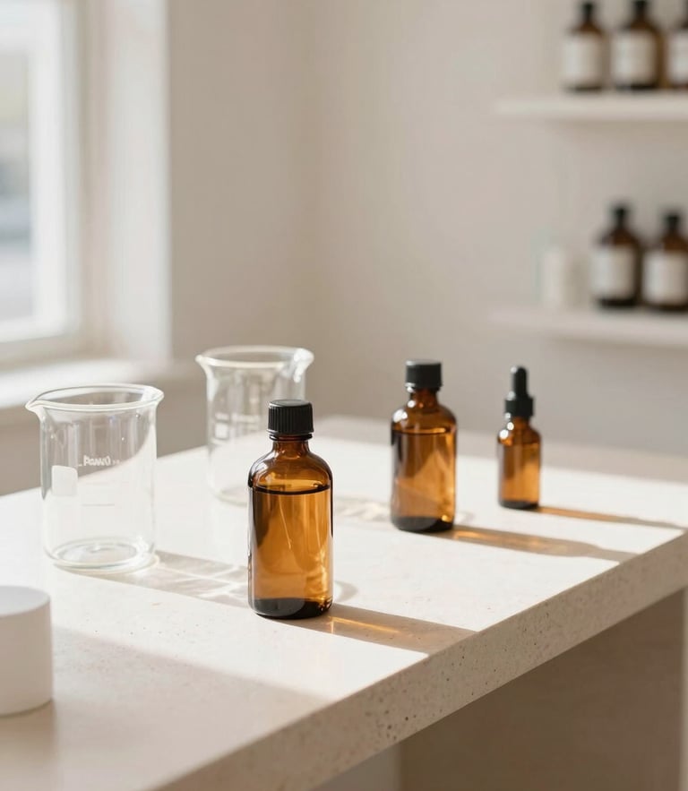 A sunlit, minimalist apothecary studio in Broomfield, glass beakers and amber bottles on a clean stone workbench, bright diffused daylight, soft shadows, 35mm