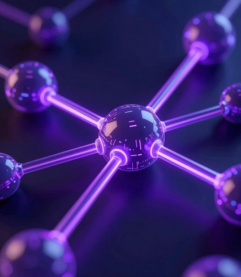 Sleek 3D render of interconnected digital nodes and glowing data pathways, cool ambient neon lighting in deep navy and electric purple tones, macro lens, ultra-detailed tech aesthetic.