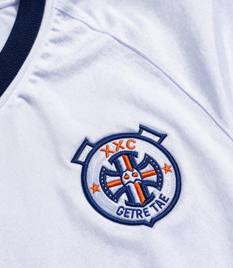 Close-up of a vintage football shirt collar, detailed embroidery of a classic crest, soft daylight, sharp focus on fabric textures, 50mm lens