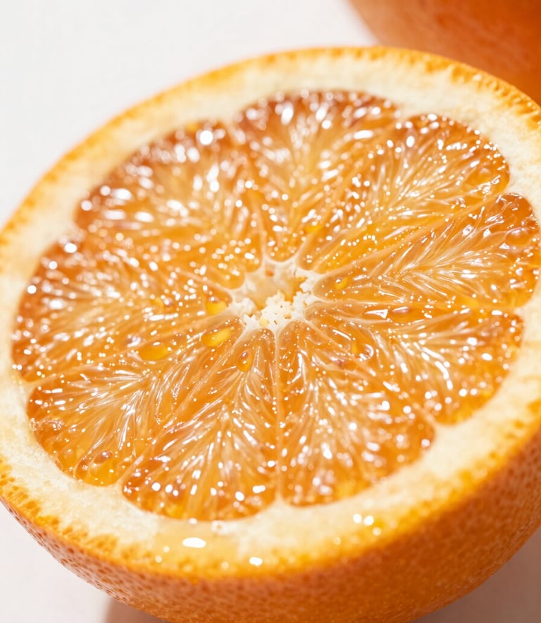 Extreme macro shot of a sliced blood orange, glistening juice vesicles under bright natural morning daylight, shallow depth of field