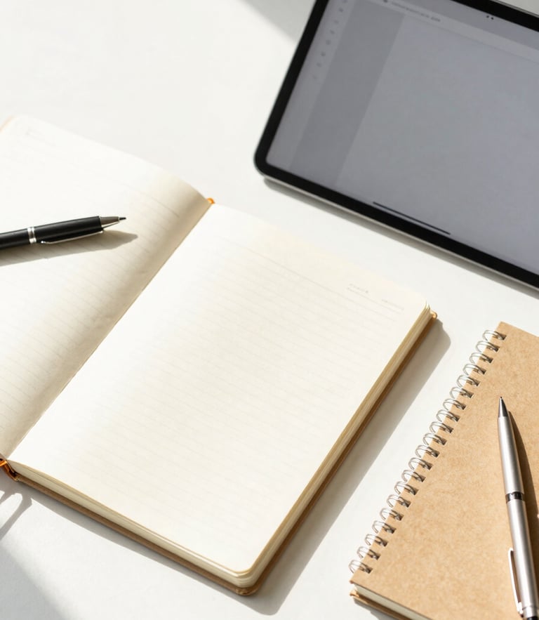 A bright modern workspace flat-lay with organized notebooks, a sleek tablet showing a clean digital interface, and warm morning light.