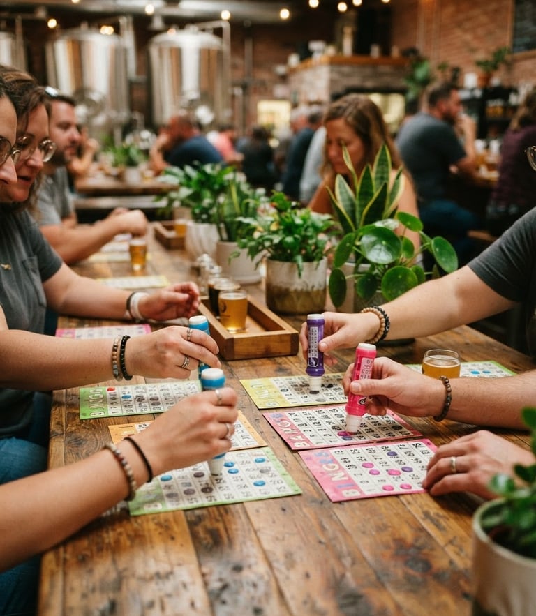 Hands holding colorful bingo dabbers over cards at a long wooden table, vibrant green potted plants on the table, warm brewery lighting, shallow depth of field, 35mm