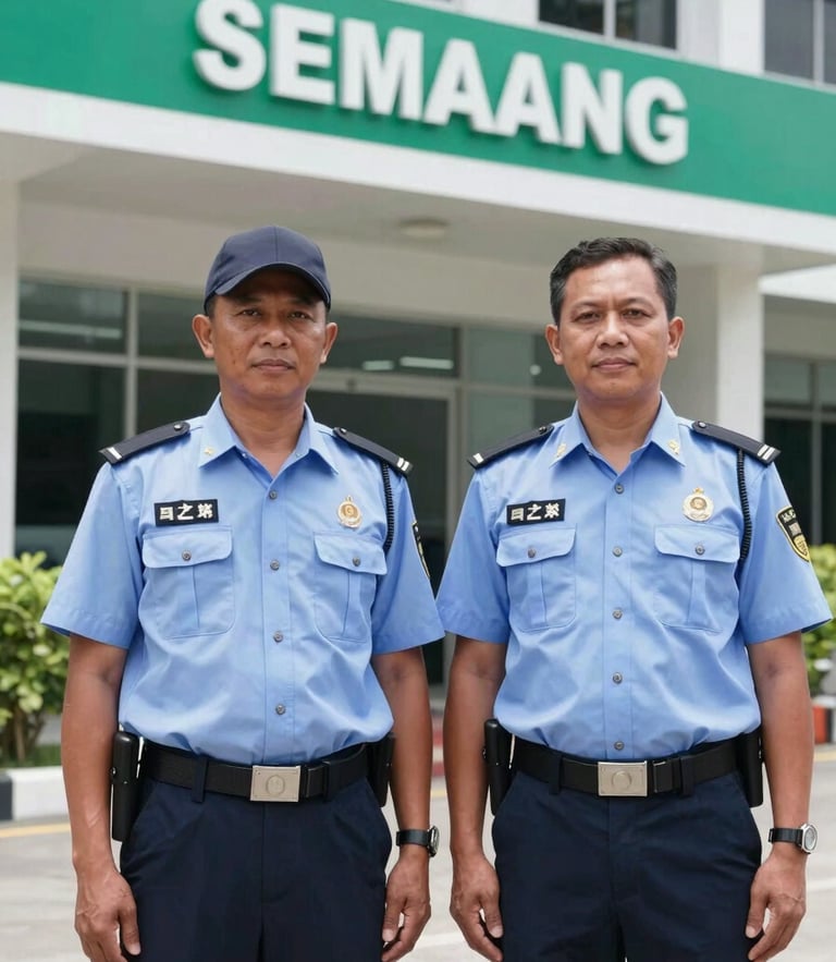 Professional security guard and pest control technician standing side-by-side in clean uniforms, bright daylight, commercial building background, Semarang