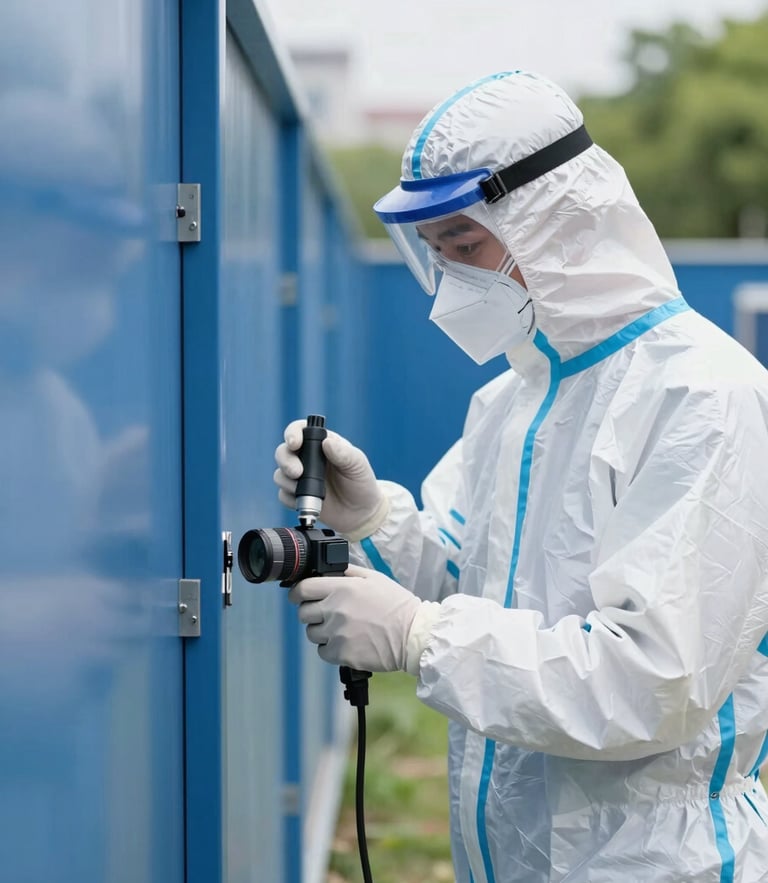 Professional certified pest control technician in protective gear inspecting structural barriers with precision equipment, bright natural daylight, clean corporate blue tones