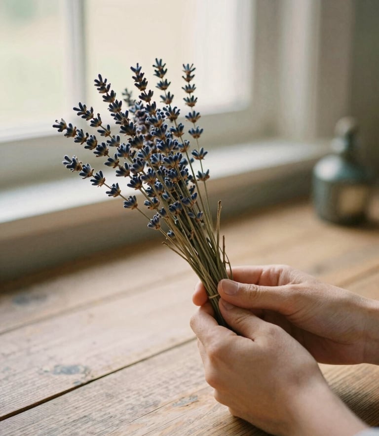 Soft warm golden hour light, hands holding a bundle of dried mullein and lavender, rustic wooden table, historical apothecary aesthetic, 35mm film texture
