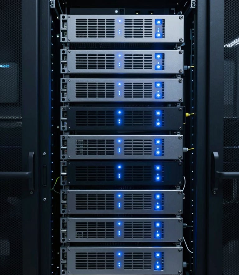 Symmetrical shot of clean server rack hardware in a modern data center, illuminated by sharp blue indicator lights with a cool, controlled low-key atmosphere.