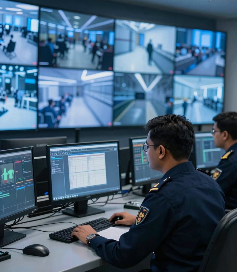 A high-tech security command center in New Delhi, professional operators in clean dark uniforms monitoring surveillance screens under sharp, cool blue lighting, crisp depth of field