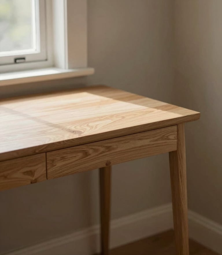 Warm editorial photography of a slim white oak writing desk in a sunlit residential corner, soft natural window light, 35mm
