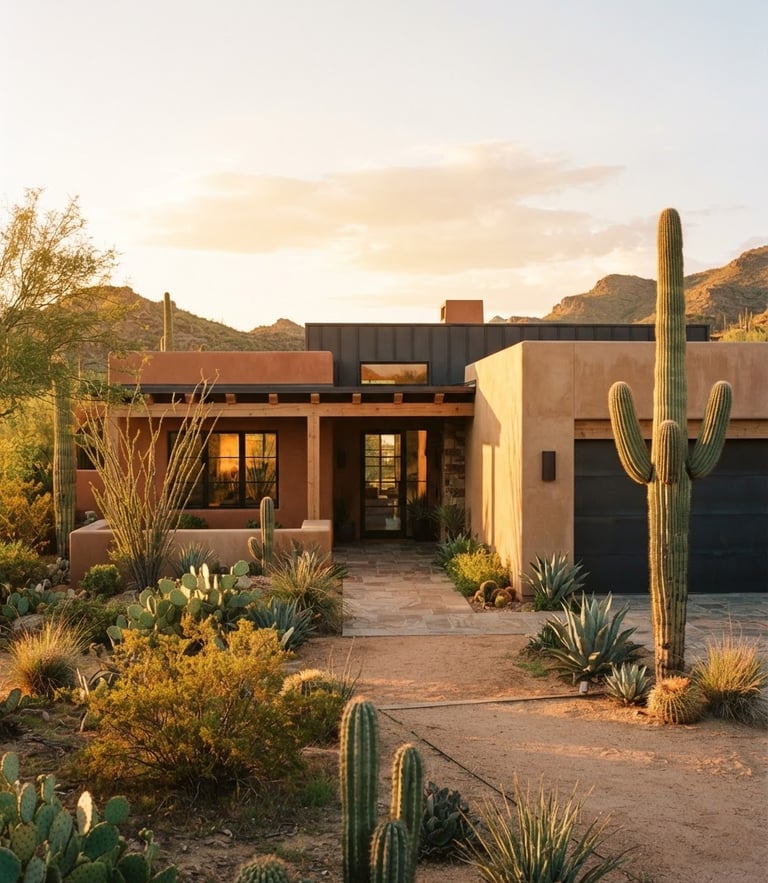 Warm editorial photograph of a modern Tucson home exterior with clean stucco walls and desert landscaping under bright Arizona golden hour sunlight, 35mm