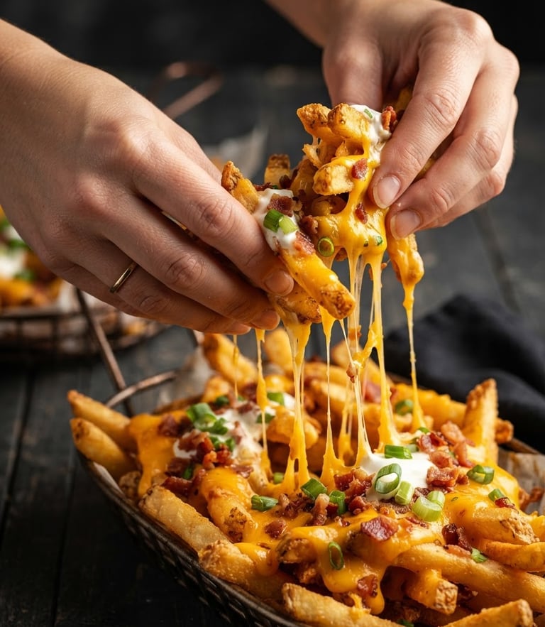 Extreme close-up of hands grabbing crispy loaded fries dripping with cheddar cheese, warm high-contrast food photography, dark wood background, saturated yellow tones