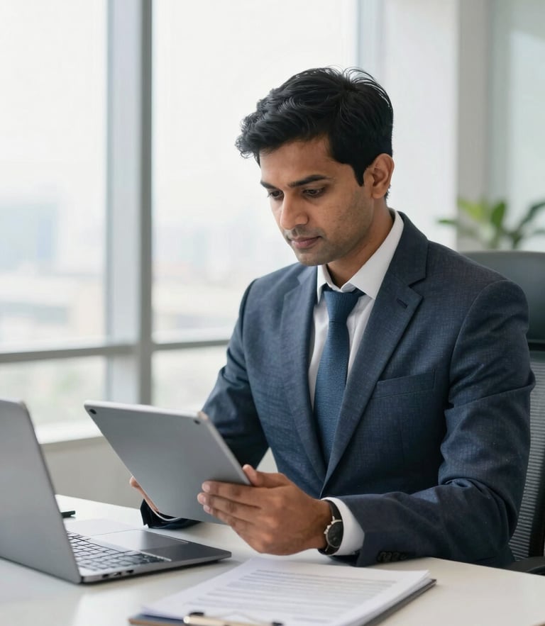 A professional Indian corporate consultant in a bright, modern New Delhi office, reviewing documents on a tablet, natural daylight, clean workspace