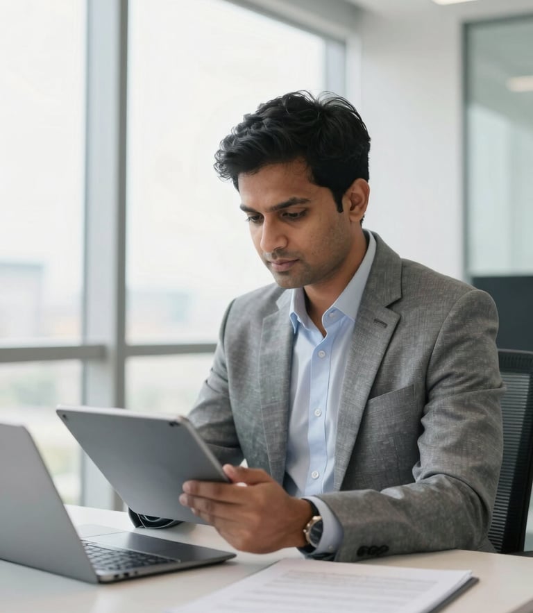 A professional Indian corporate consultant in a bright, modern New Delhi office, reviewing documents on a tablet, natural window light, 35mm
