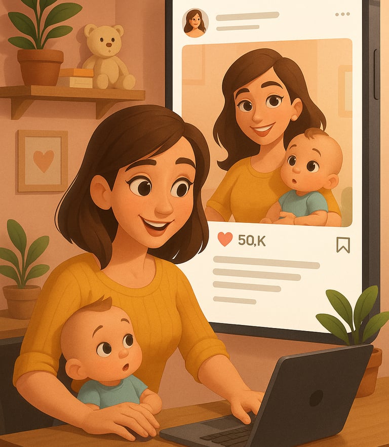 Mom influencer working on a laptop with baby on her lap, featured on social media with 50K likes – p