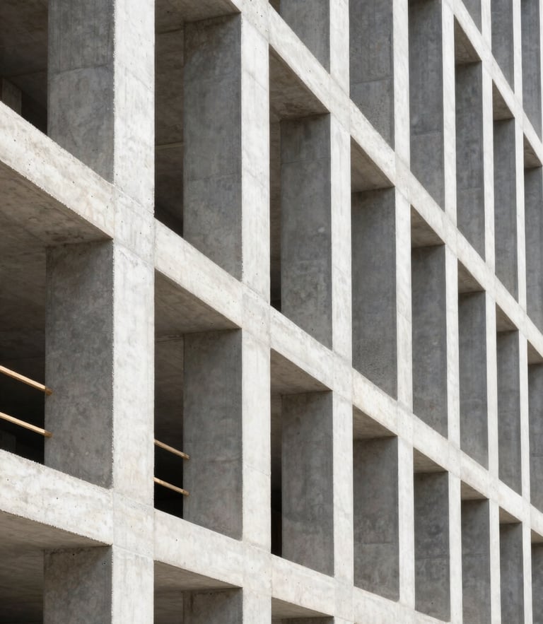 Architectural detail of a modern concrete building under construction, perfectly straight lines, organized materials in the background, bright natural daylight, 35mm