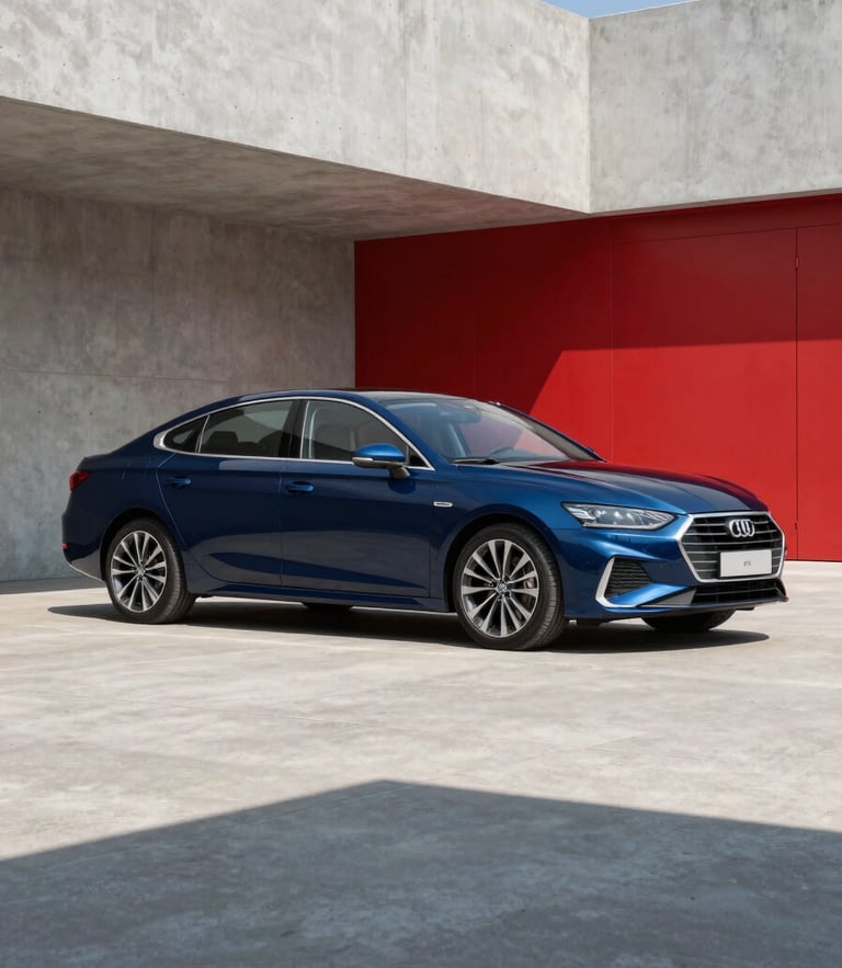 A clean modern sedan parked in an architectural concrete space, sharp daylight, deep blue and crimson accents, 35mm lens