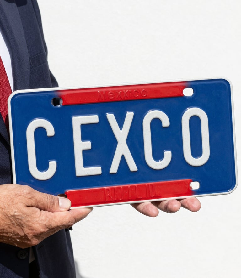 Close-up of a professional hand holding a newly minted Mexican metal license plate, bright clean daylight, deep blue and sharp red accents