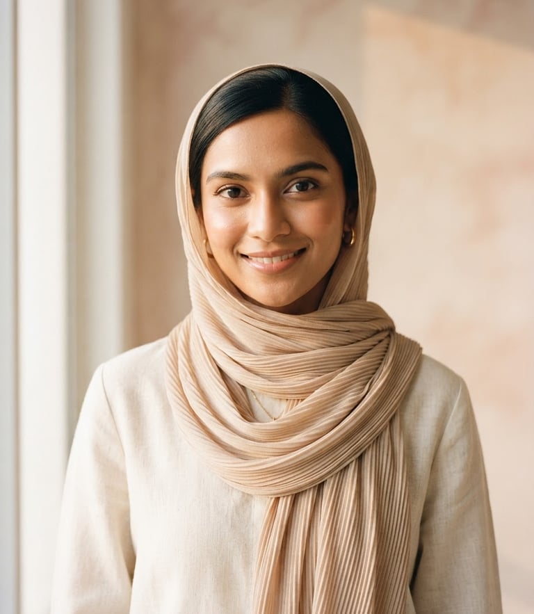 Medium-close editorial portrait of a modern Malaysian woman wearing a delicate, sand-beige pleated silk scarf, warm diffused golden-hour window light, soft shadows, minimalist plaster background.