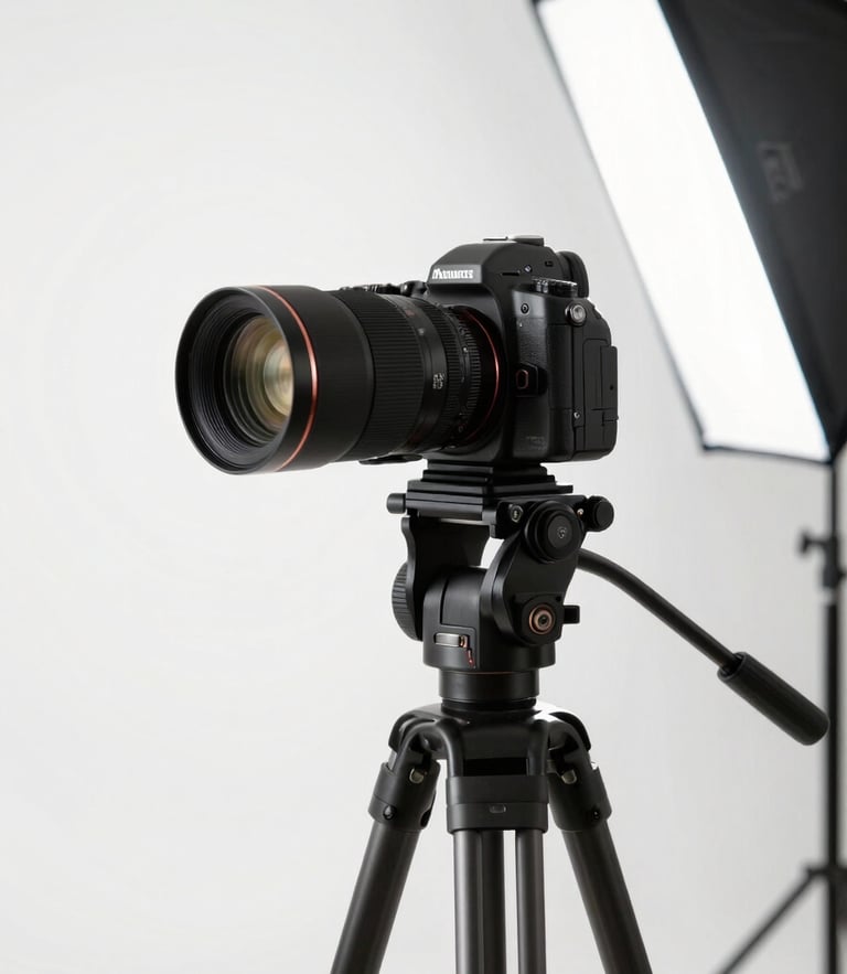 High-key studio lighting setup with a professional camera on a tripod, soft shadows, and crisp rose gold accents in a clean white space.