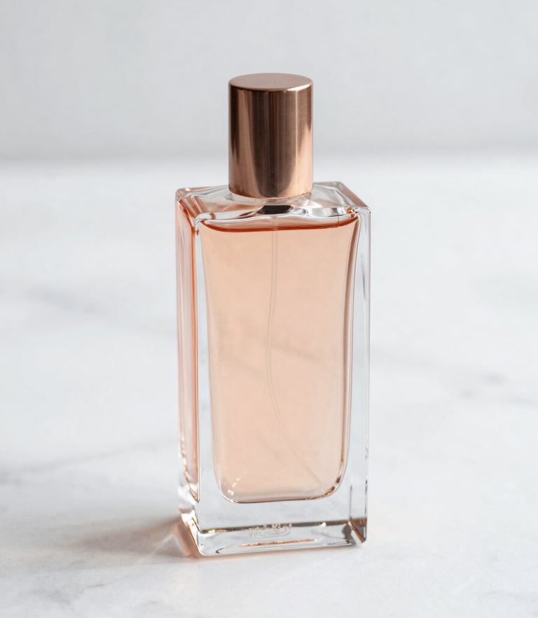 A high-key studio photograph of a minimalist rose gold perfume bottle on a pristine white marble surface, soft diffused lighting, sharp focus on glass texture.