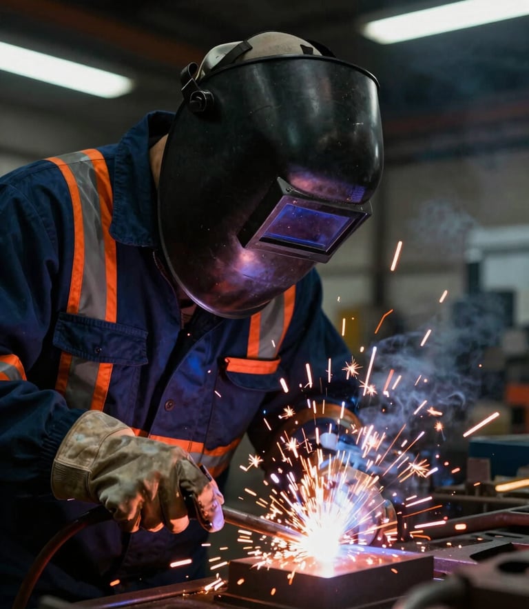 Dramatic close-up of an industrial welder in a dark fabrication shop, bright orange sparks flying, complete PPE with reflective safety jacket and heavy welding helmet, high-contrast structural lighting.