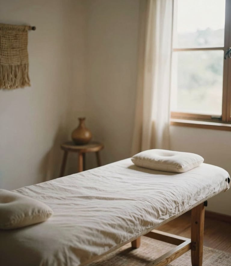 Soft-lit empty therapy room in Juchitán with natural wood textures, warm woven textiles, diffused morning window light, warm editorial photography