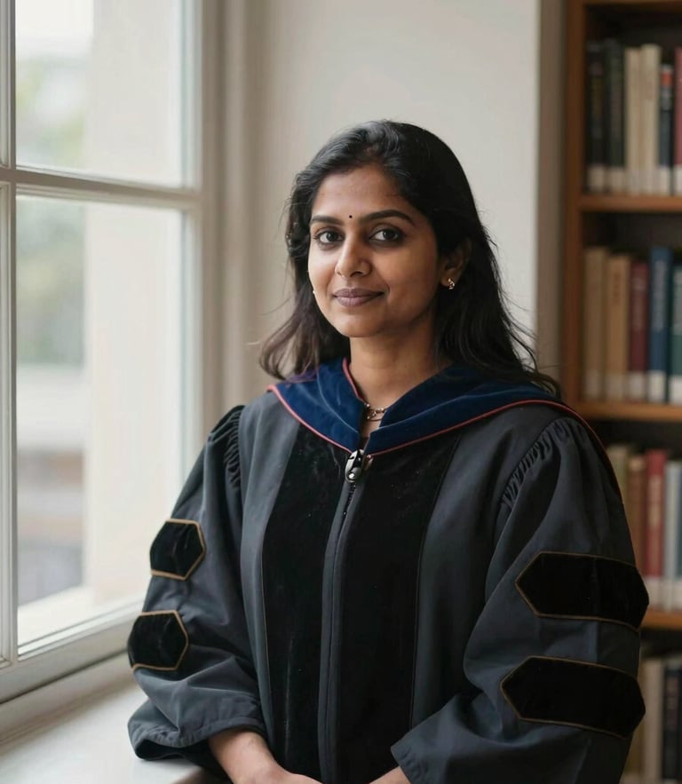 A professional editorial portrait of Dr. Smrity Sonal in a sunlit library, soft natural window light, shallow depth of field, 35mm