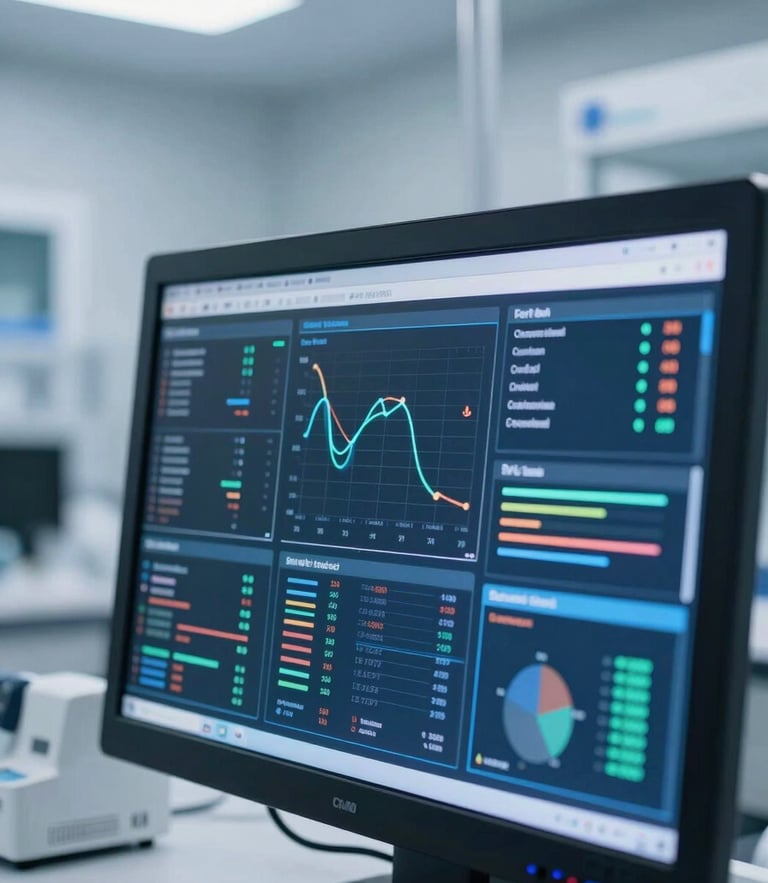 A close-up of a high-tech laboratory interface displaying complex data visualization, cool clinical lighting, sharp focus, professional scientific environment.