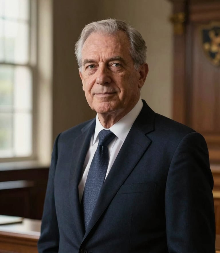 Editorial portrait of a senior advocate in a dark navy suit, confident expression, soft side window light, legal chambers background, shallow depth of field