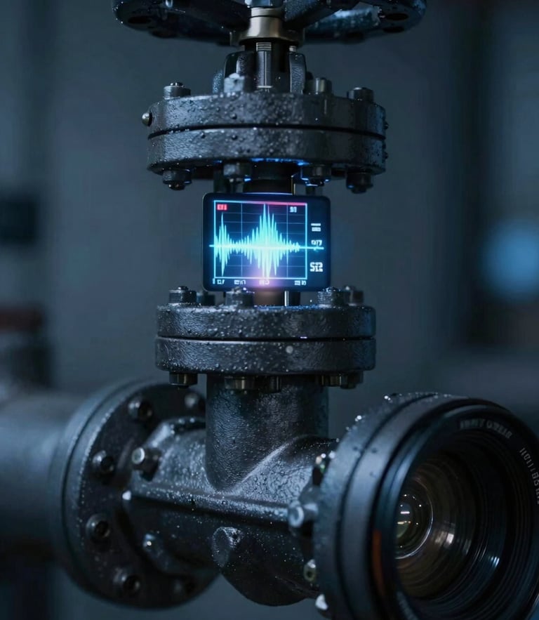 Close-up of a misaligned high-pressure valve with digital acoustic overlay showing gas escaping, cool blue ambient light