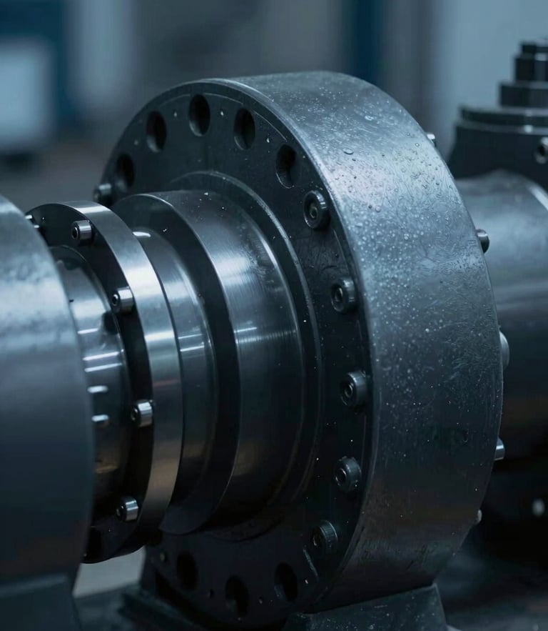 Tight macro shot of industrial rotating equipment, cool blue ambient lighting, high contrast graphite tones, sharp technical details