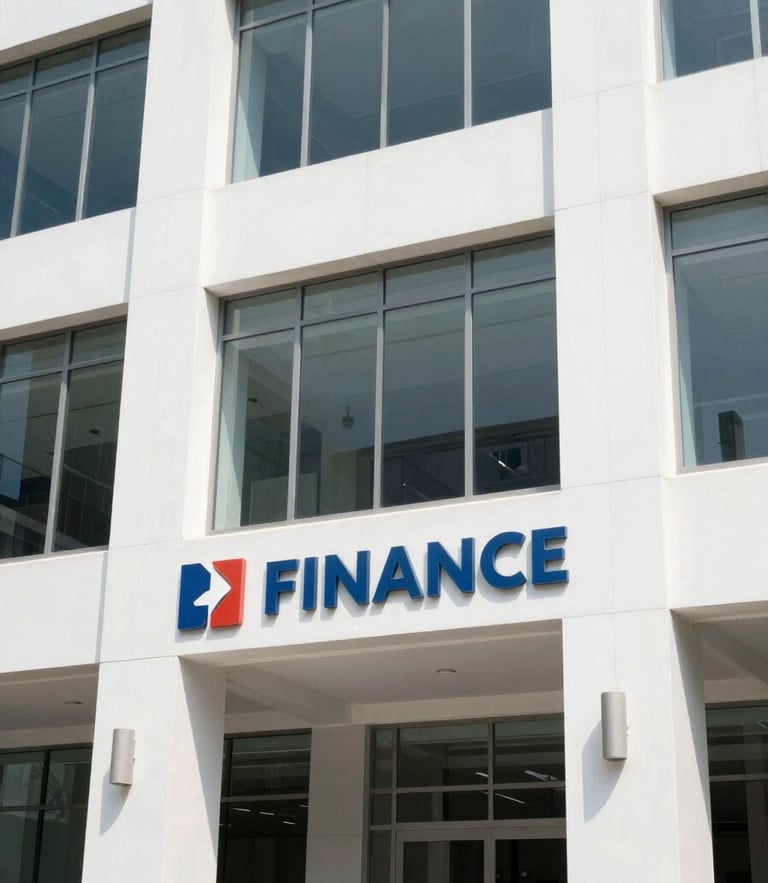 Bright corporate photography of a modern clean multi-finance office facade in Jakarta, natural daylight, professional financial setting