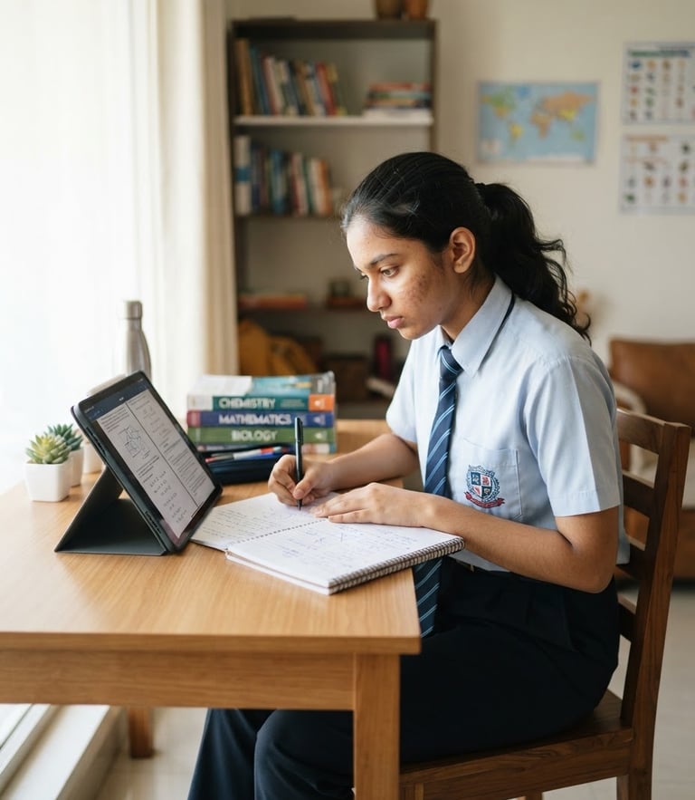 A focused high school student in India sitting at a clean desk, working with a tablet and a physical notebook under bright natural daylight, sharp depth of field, 35mm